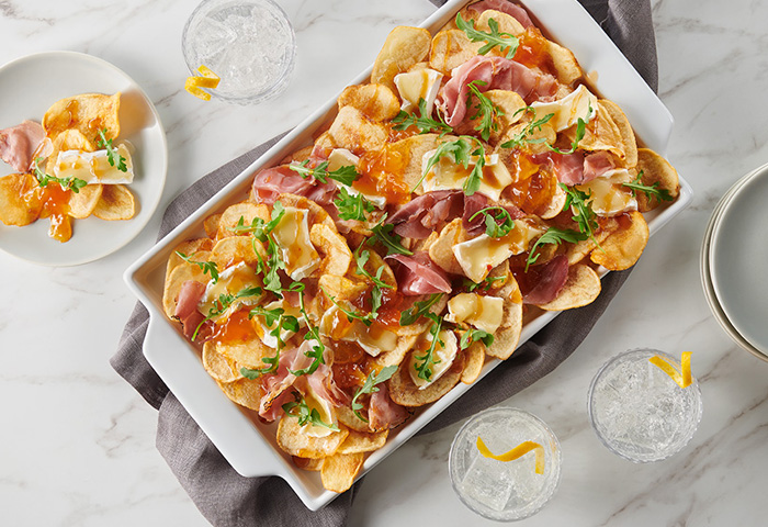 Brie, Prosciutto and Peach Charcuterie Chips