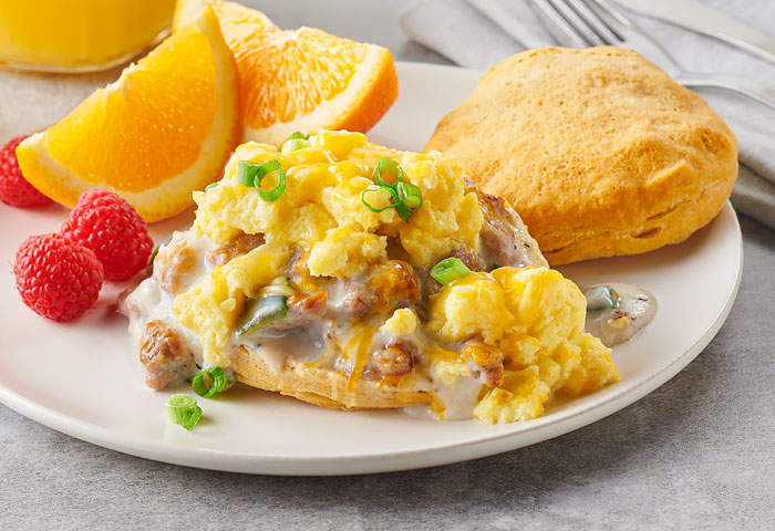 Roasted Poblano Sausage Gravy with Biscuits and Scrambled Eggs