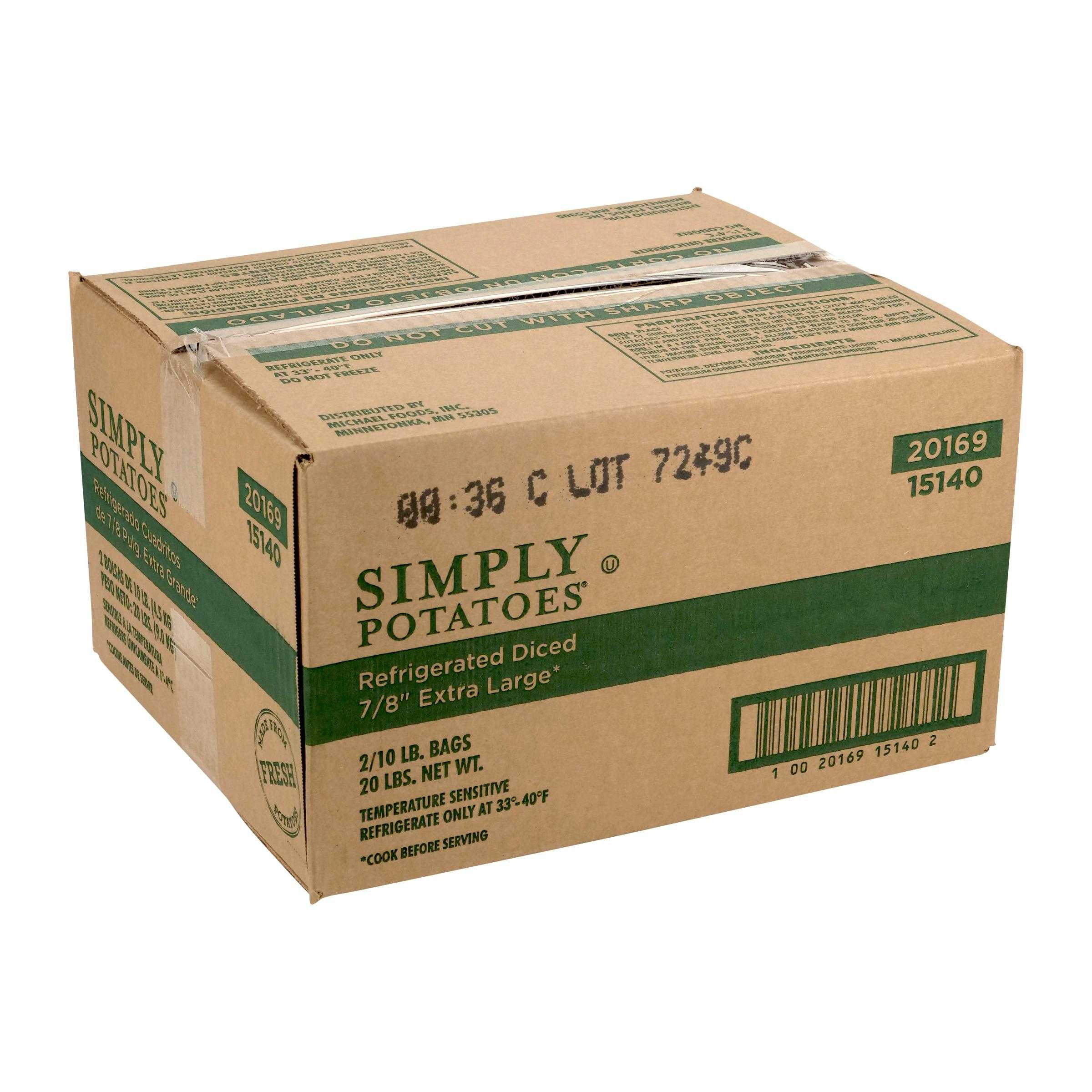 Simply Potatoes® Refrigerated 7/8″ Skinless Diced Potatoes made with peeled Russet potatoes diced dimensions 7/8″ x 7/8″ x 3/4″, 2/1