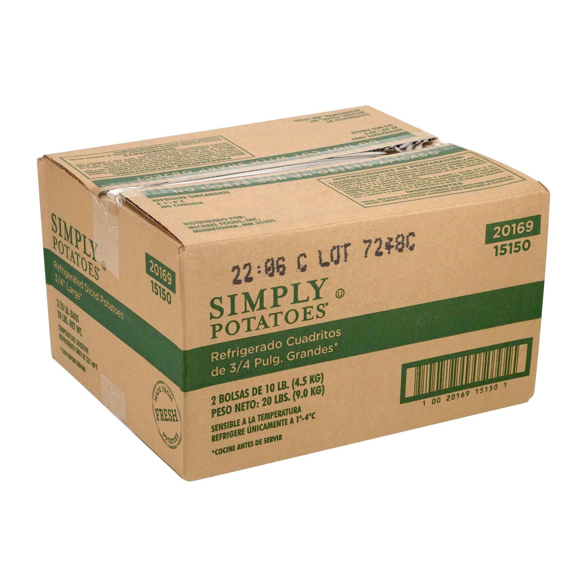 Simply Potatoes® Refrigerated 3/4″ Diced Potatoes made with peeled Russet potatoes diced dimensions 3/4″ x 3/4″ x 5/8″, 2/10 Lb Bags