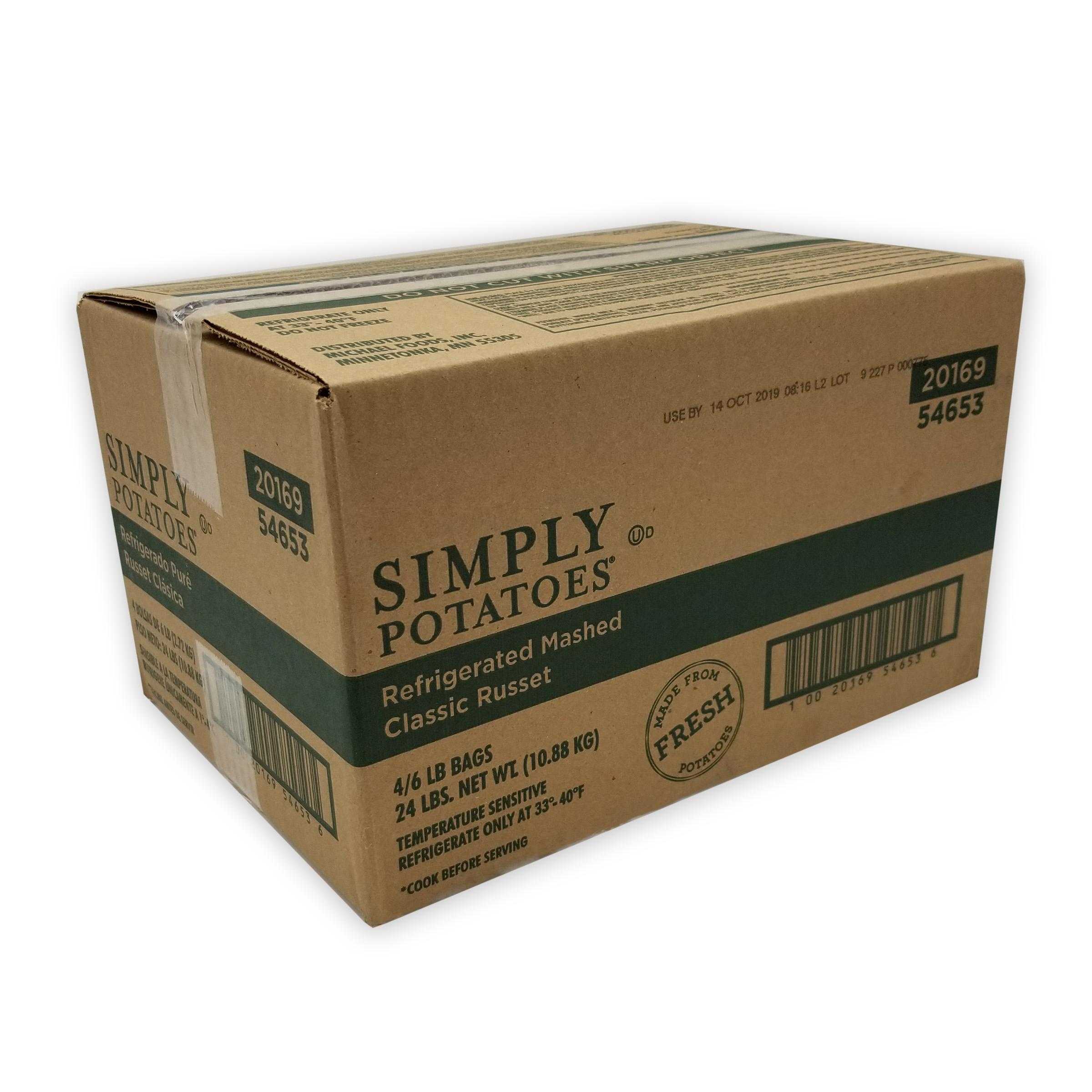 Simply Potatoes, Refrigerated Classic Russet Mashed Potatoes, Peeled Russet Potatoes, 4/6 Lb Bags