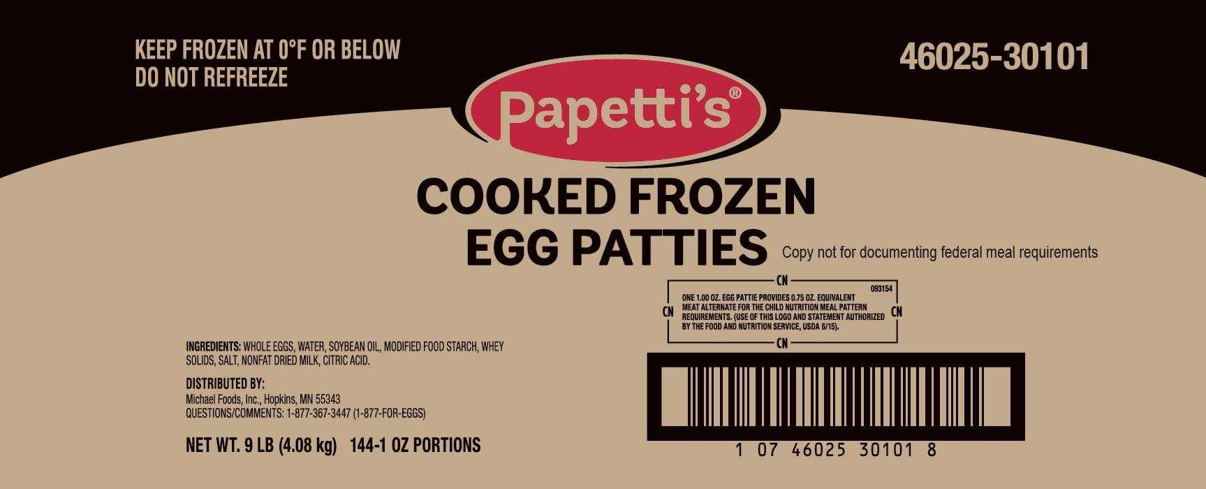 Papetti’s® Fully-Cooked 3.5” Round Scrambled Egg Patties with Medium Browning, CN, 144/1 oz CN Labeled PDF