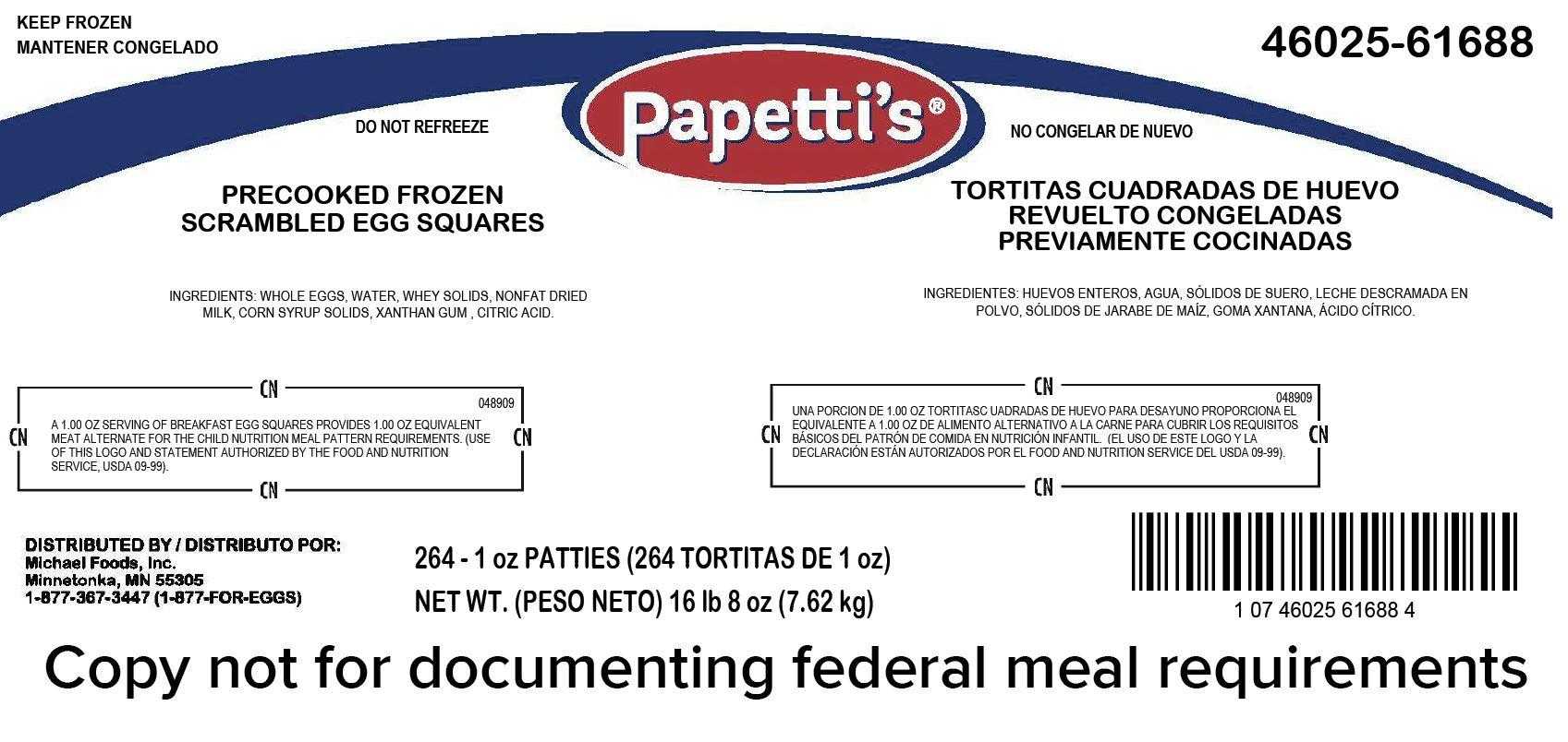 Papetti’s® Fully Cooked 2.5” Square Scrambled Egg Patties with Medium Browning, CN, 264/1.0 oz CN Labeled PDF