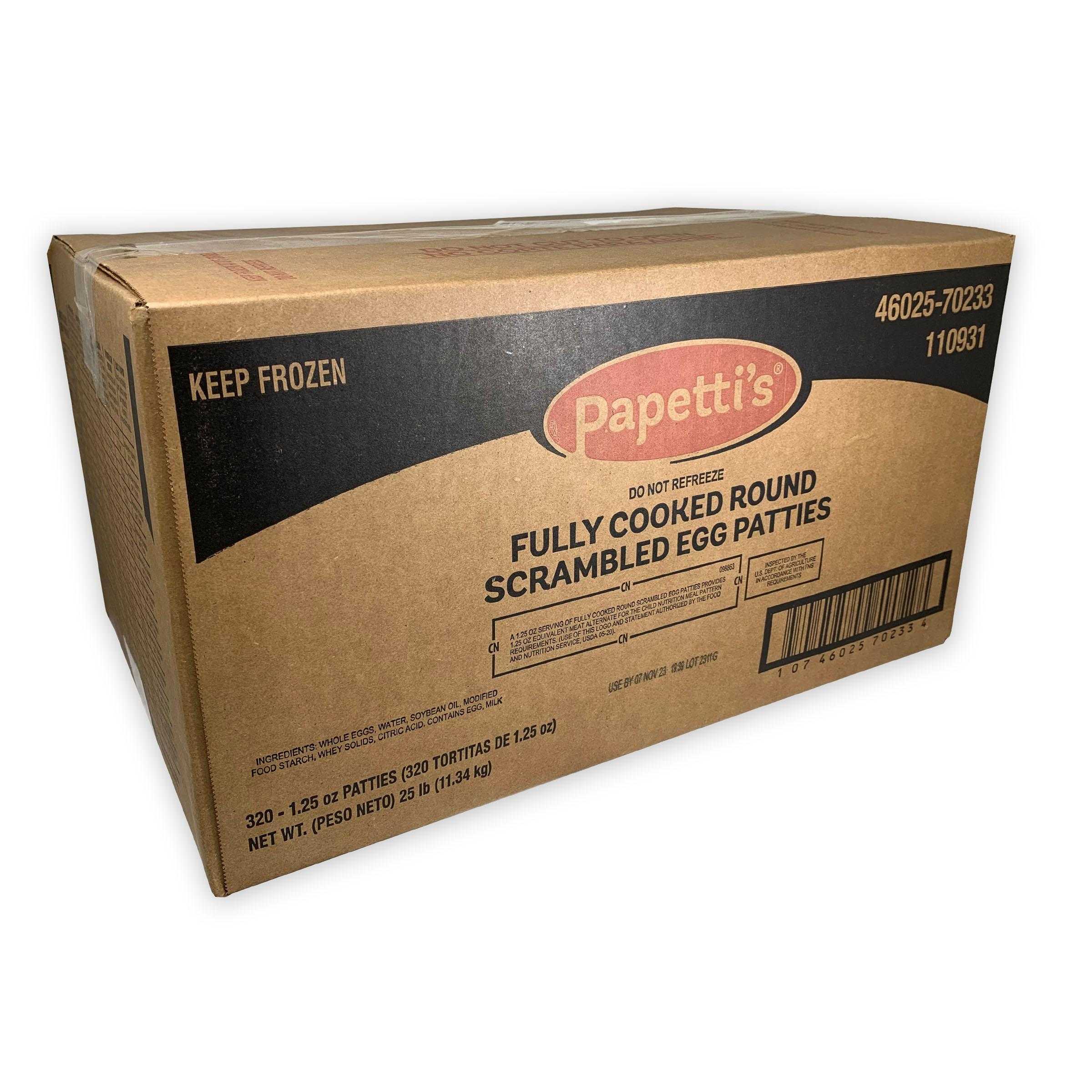 Papetti’s® Fully-Cooked 3.5” Round Scrambled CN Egg Patties, 320/1.25 oz