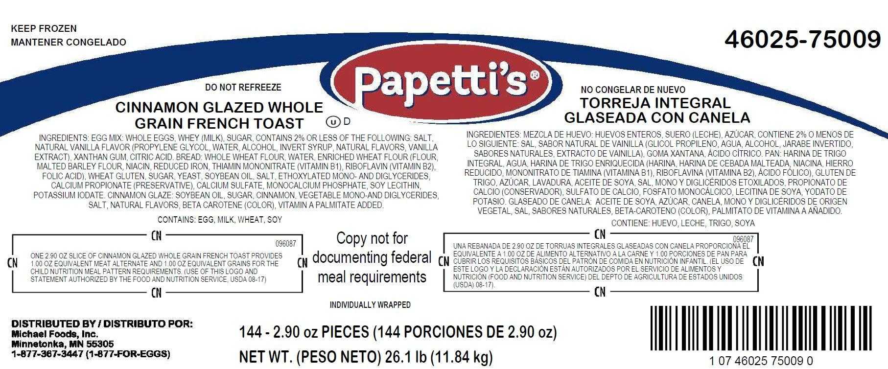 Papetti’s® Fully Cooked Whole Grain Cinnamon Glaze French Toast, Individually wrapped, CN, 144/2.9 oz CN Labeled PDF