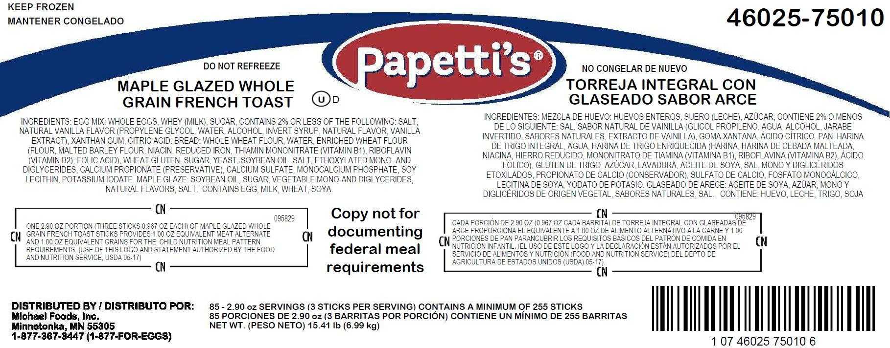 Papetti’s® Fully-Cooked Whole Grain Maple Glaze French Toast Sticks, CN, 85/2.9 oz CN Labeled PDF