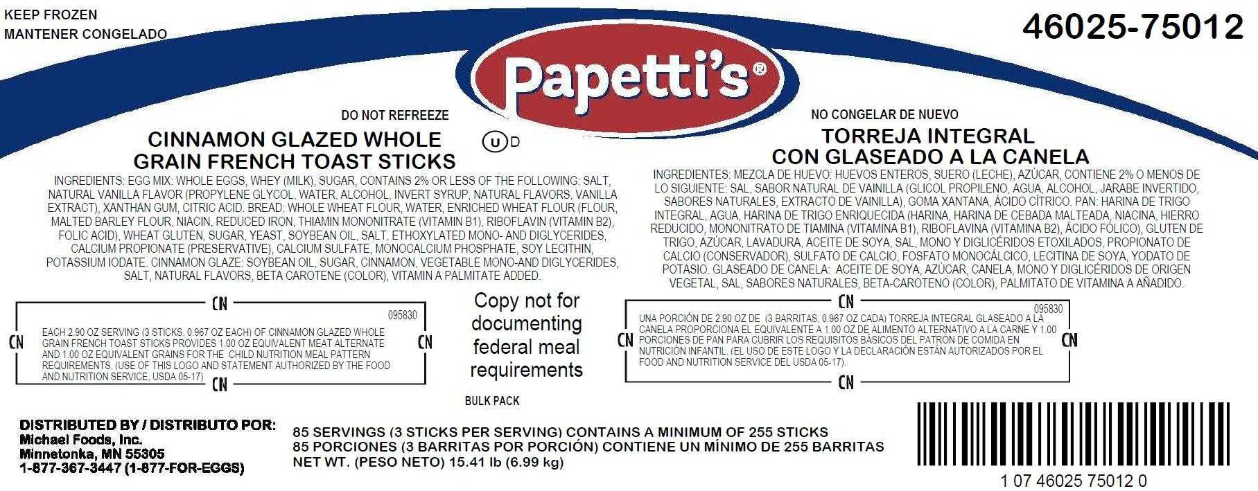 Papetti’s® Fully-Cooked Whole Grain Cinnamon Glaze French Toast Sticks, CN, 85/2.9 Oz CN Labeled PDF
