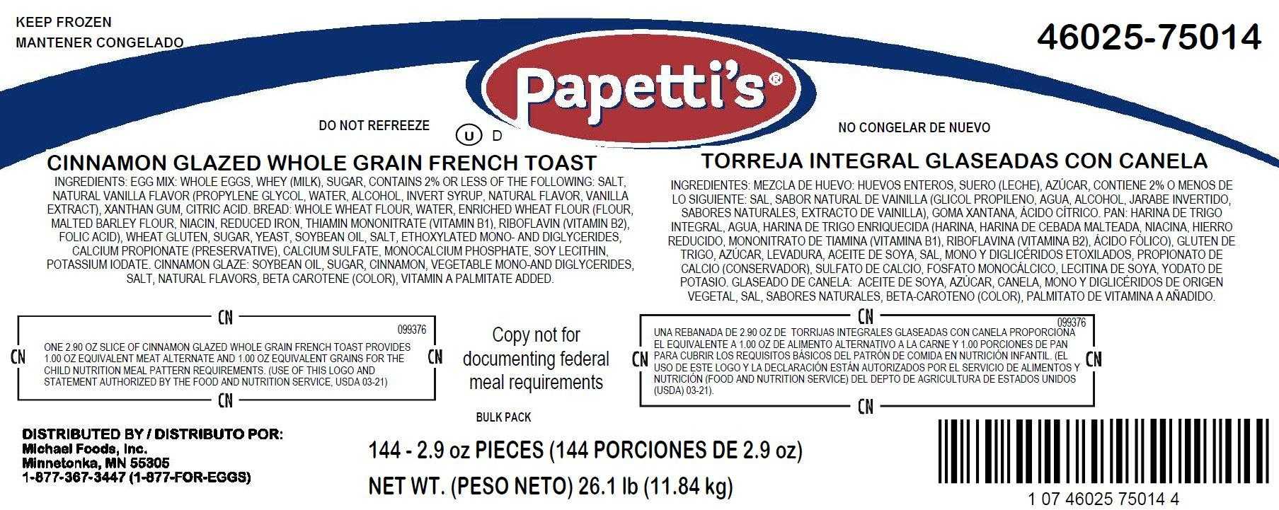 Papetti’s® Fully-Cooked Whole Grain Cinnamon Glaze French Toast, CN, 144/2.9 oz CN Labeled PDF