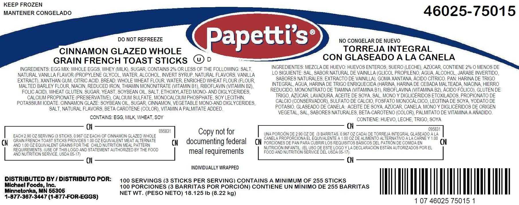 Papetti’s® Fully Cooked Whole Grain Cinnamon Glaze French Toast Sticks, Individually wrapped, CN,100/2.9 Oz CN Labeled PDF
