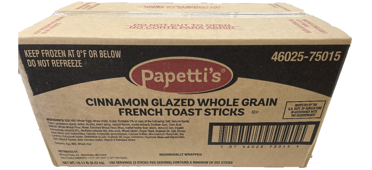 Papetti’s® Fully Cooked Whole Grain Cinnamon Glaze French Toast Sticks, Individually wrapped, CN,100/2.9 Oz