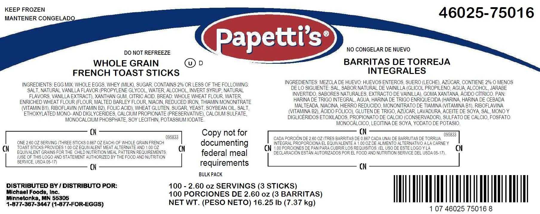 Papetti’s® Fully-Cooked Whole Grain Plain French Toast Sticks, CN, 100/2.6 Oz CN Labeled PDF