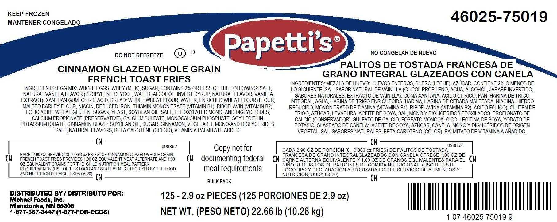 Papetti’s® Fully Cooked Whole Grain Cinnamon Glazed French Toast Fries, CN, 1/22.66 lb Box CN Labeled PDF