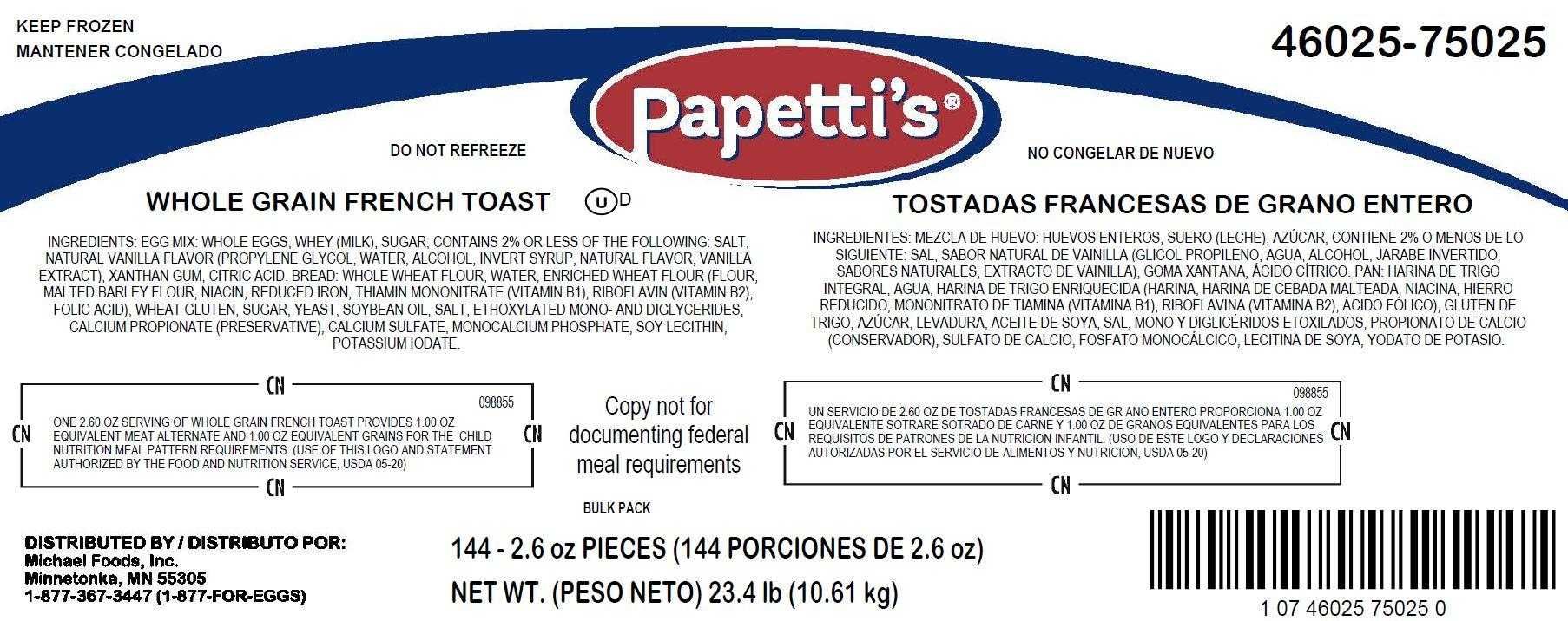 Papetti’s® Fully-Cooked Whole Grain French Toast, CN, 144/2.6 oz CN Labeled PDF
