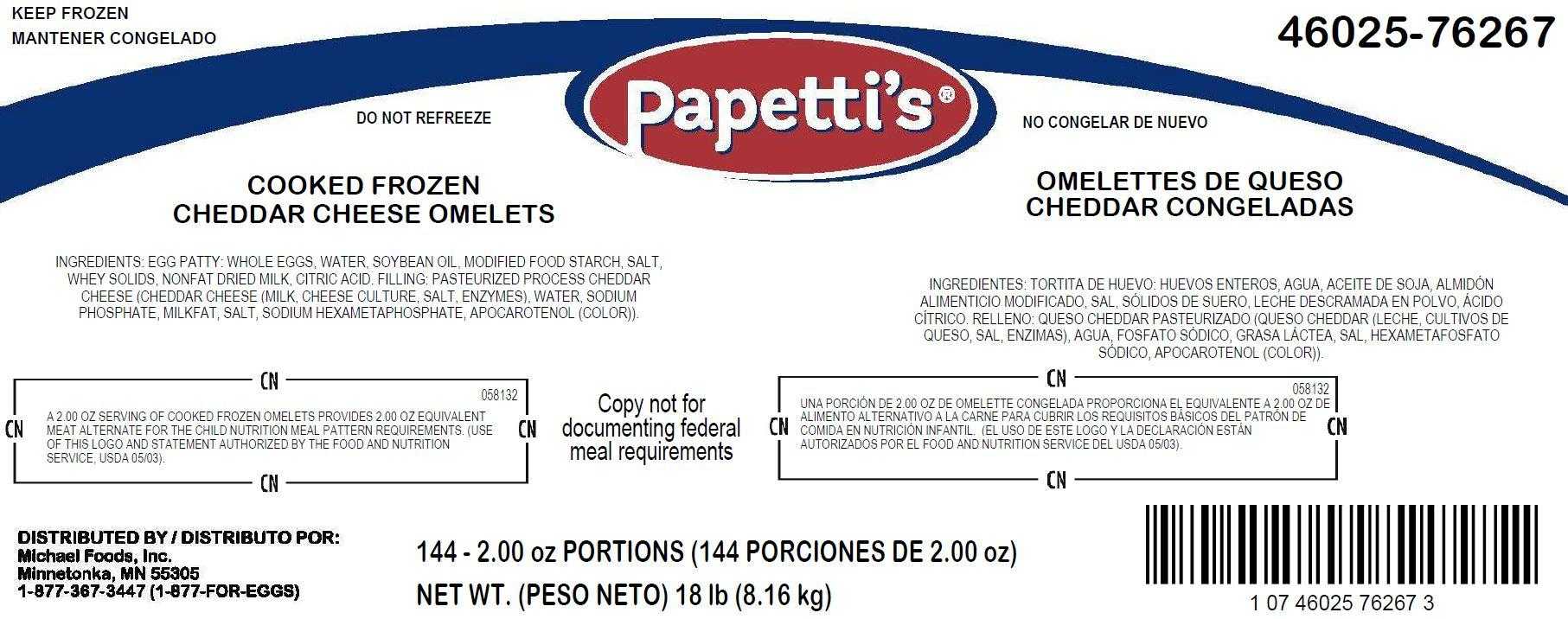 Papetti’s® Fully-Cooked 5″ x 2.25″ Singlefold Omelet filled with Cheddar Cheese, CN, 144/2.0 oz CN Labeled PDF