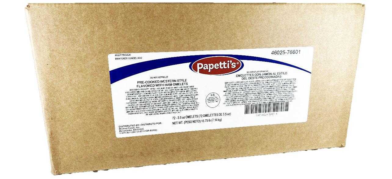 Papetti’s® Fully Cooked 6″x 3″ Singlefold Omelet filled with Cheddar Cheese, Monterey Jack Cheese, Ham, Onion, Green and Red Peppers