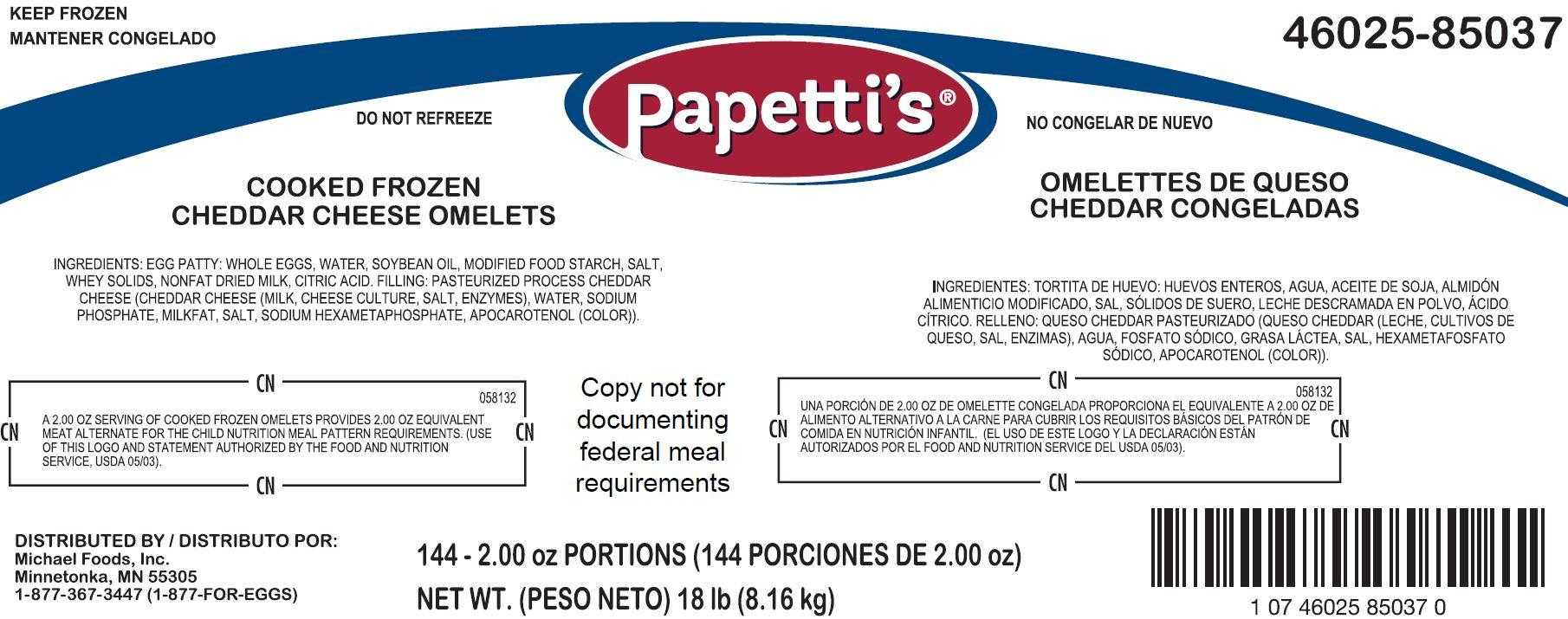 Papetti’s® Fully-Cooked 5″ x 2.25″ Singlefold Omelet Filled with Cheddar Cheese, CN, 144/2.0 oz CN Labeled PDF