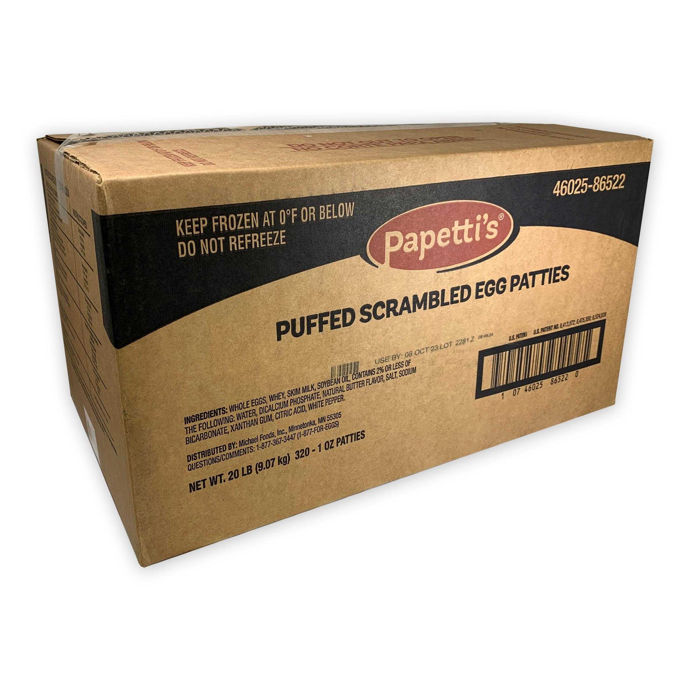 Papetti’s® Fully Cooked 3” Puffed Round Scrambled Egg Patties with Slight Browning, Butter Flavor and Pepper, 320/1.0 oz