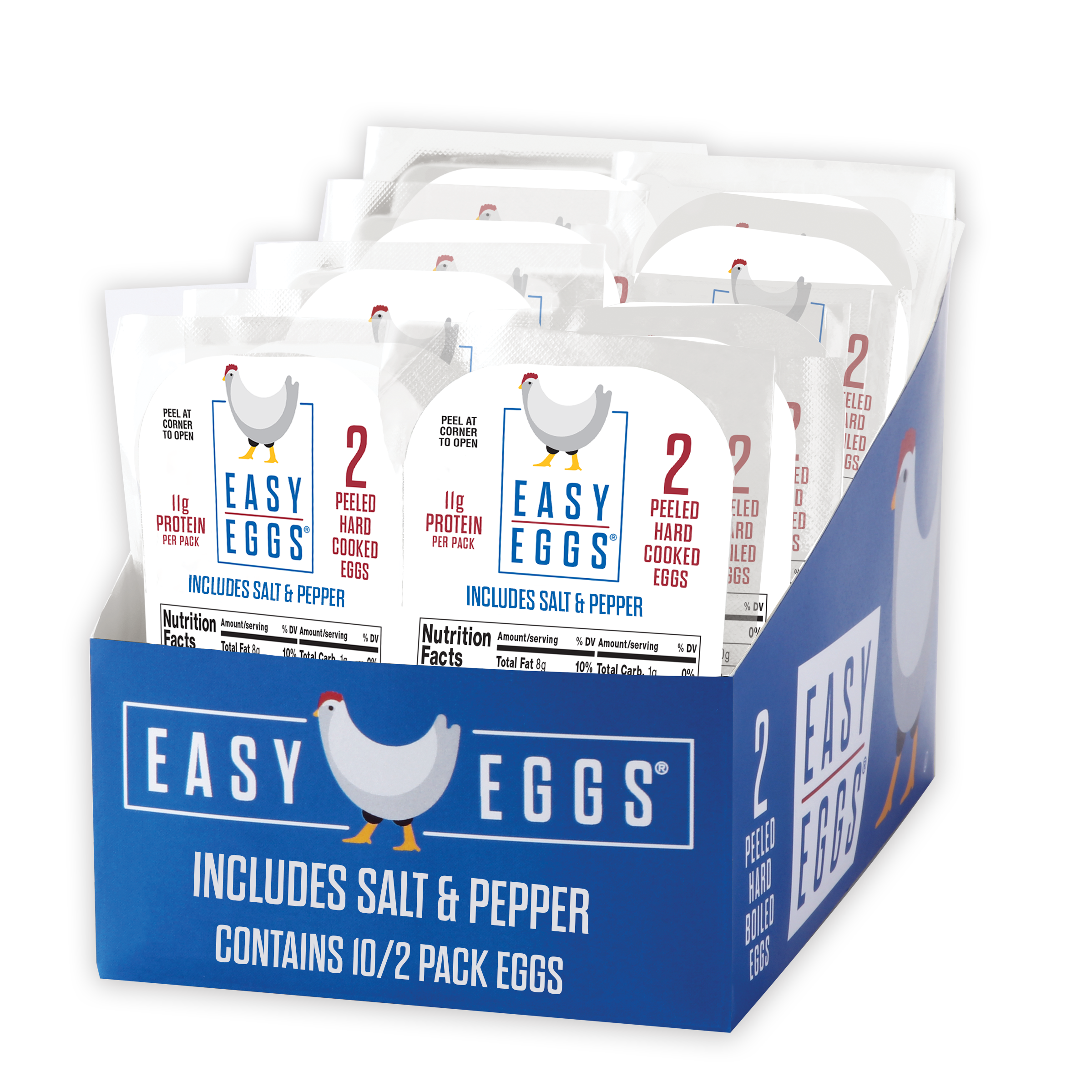 Easy Eggs® Peeled Hard Cooked Eggs with Salt & Pepper, 2 Retail Trays with 10-2 Count Grab ‘N Go Dry Packs