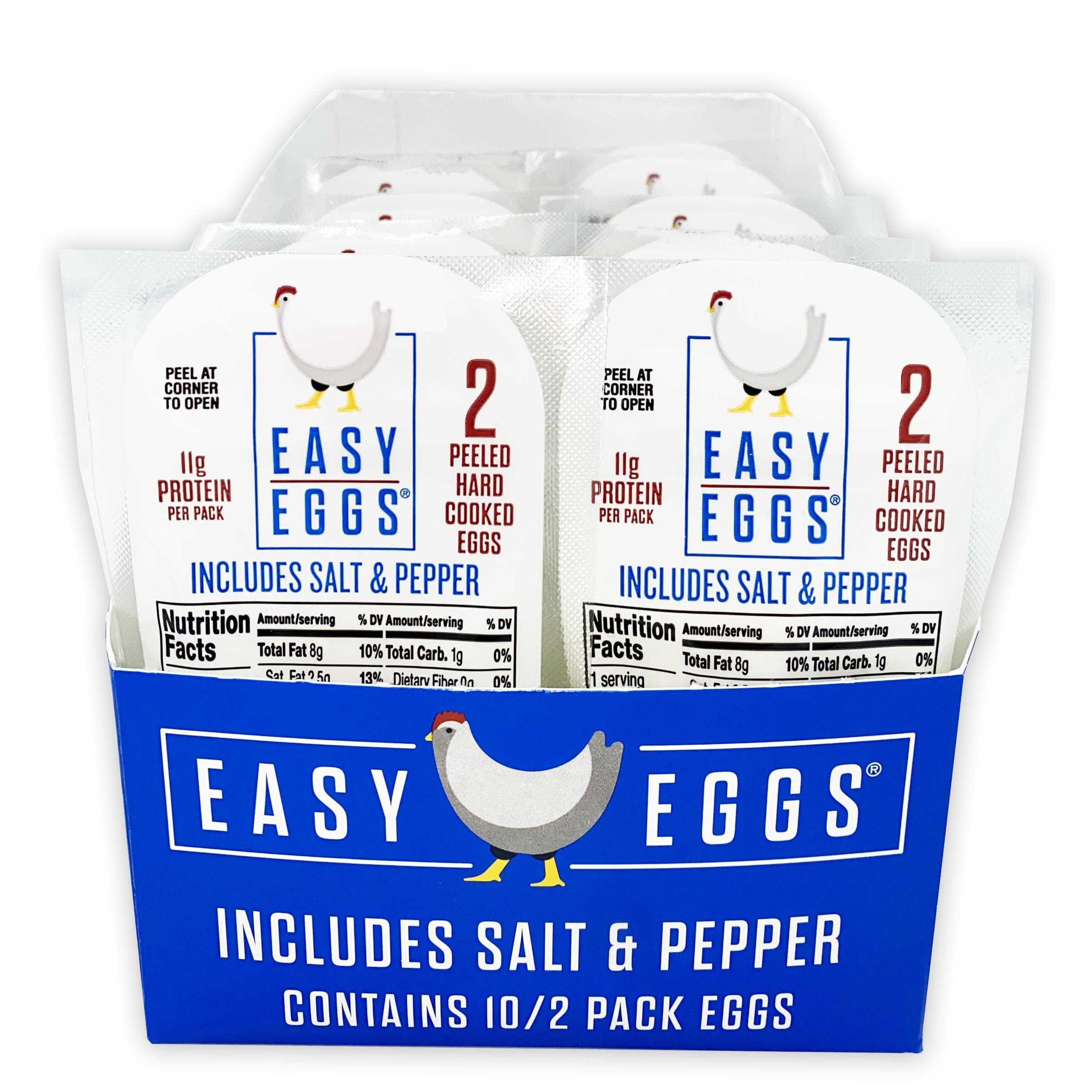 Easy Eggs® Peeled Hard Cooked Eggs with Salt & Pepper, 2 Retail Trays with 10-2 Count Grab ‘N Go Dry Packs